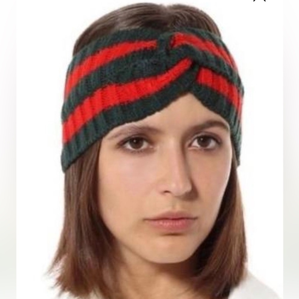 GUCCI Web Knot Knit Wool Twist Red & Green Headband Made in Italy.